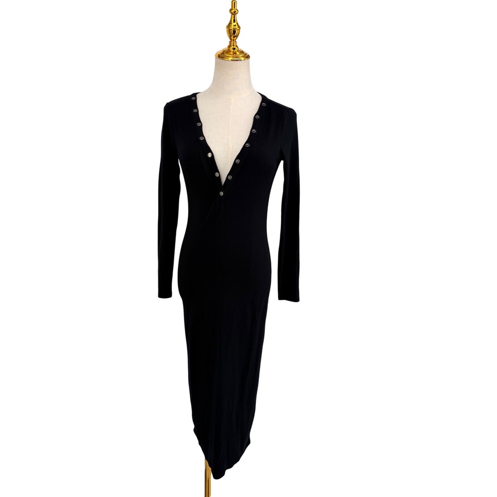 AllSaints Avi V Neck Henley Dress 4 Black Ribbed Snap Button Midi Dark Romance